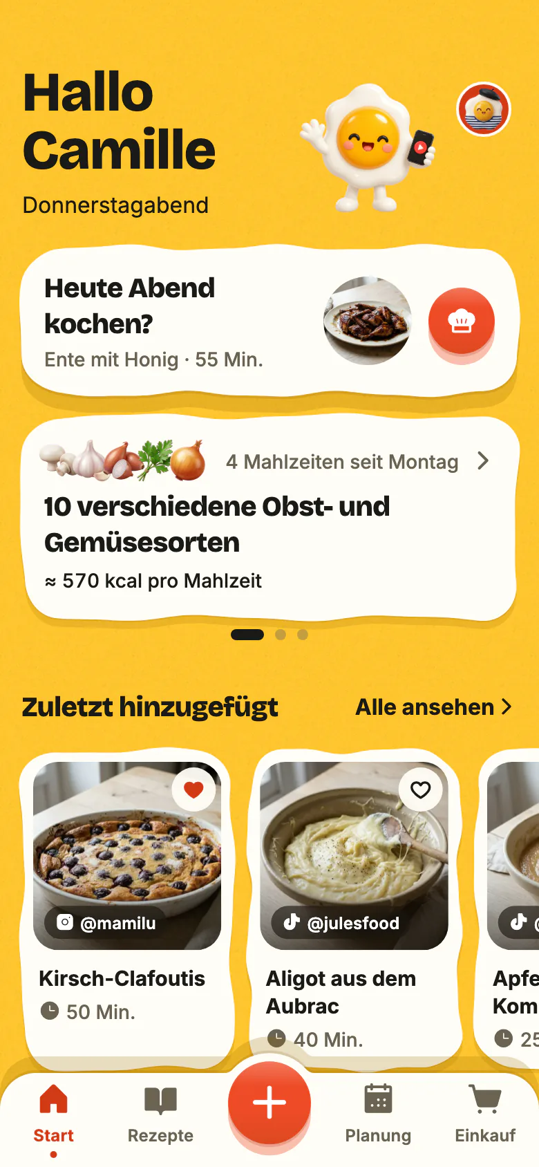 Der Startbildschirm von Yumclip an einem Abend unter der Woche: „Heute Abend kochen?“ schlägt ein Rezept vor, die Woche zählt ihr Obst und Gemüse, darunter die zuletzt hinzugefügten Rezepte.