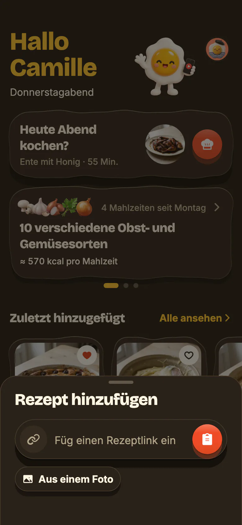 „Rezept hinzufügen“, geöffnet über das + von Yumclip: das Feld „Füg einen Rezeptlink ein“ mit seiner Einfügen-Taste, darunter „Aus einem Foto“.
