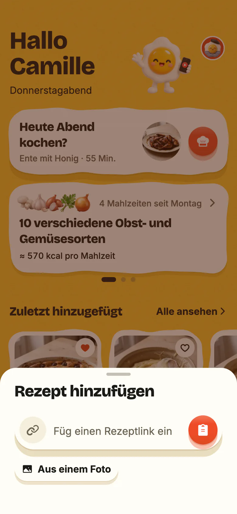 „Rezept hinzufügen“, geöffnet über das + von Yumclip: das Feld „Füg einen Rezeptlink ein“ mit seiner Einfügen-Taste, darunter „Aus einem Foto“.