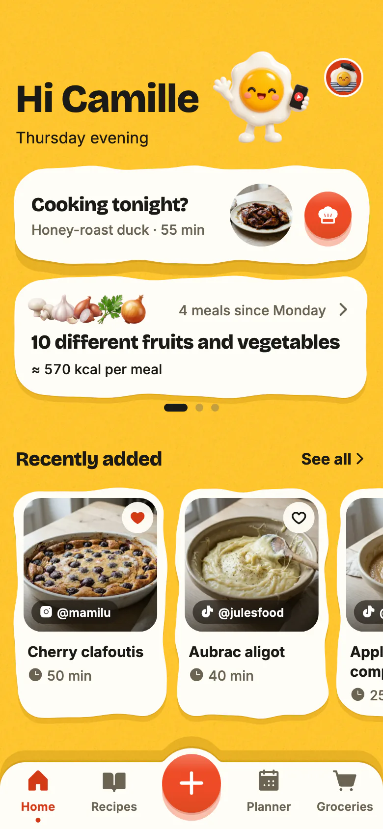 Yumclip’s Home screen on a weekday evening: “Cooking tonight?” suggests a recipe, the week counts its fruit and vegetables, and recently added recipes follow.
