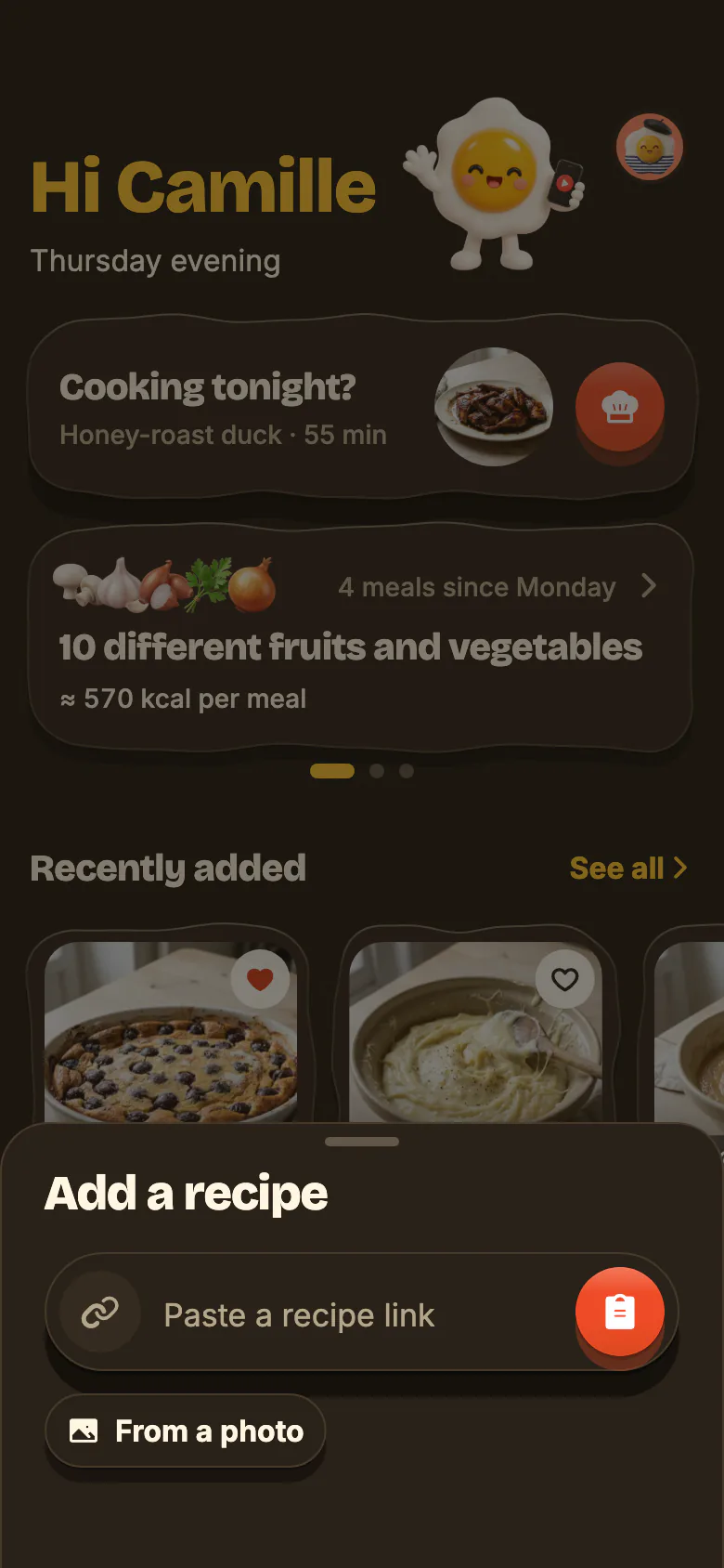 “Add a recipe”, opened from Yumclip’s +: the “Paste a recipe link” field with its paste button, then “From a photo”.