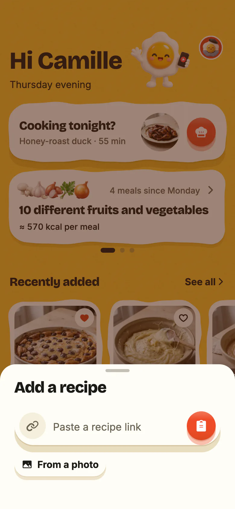 “Add a recipe”, opened from Yumclip’s +: the “Paste a recipe link” field with its paste button, then “From a photo”.