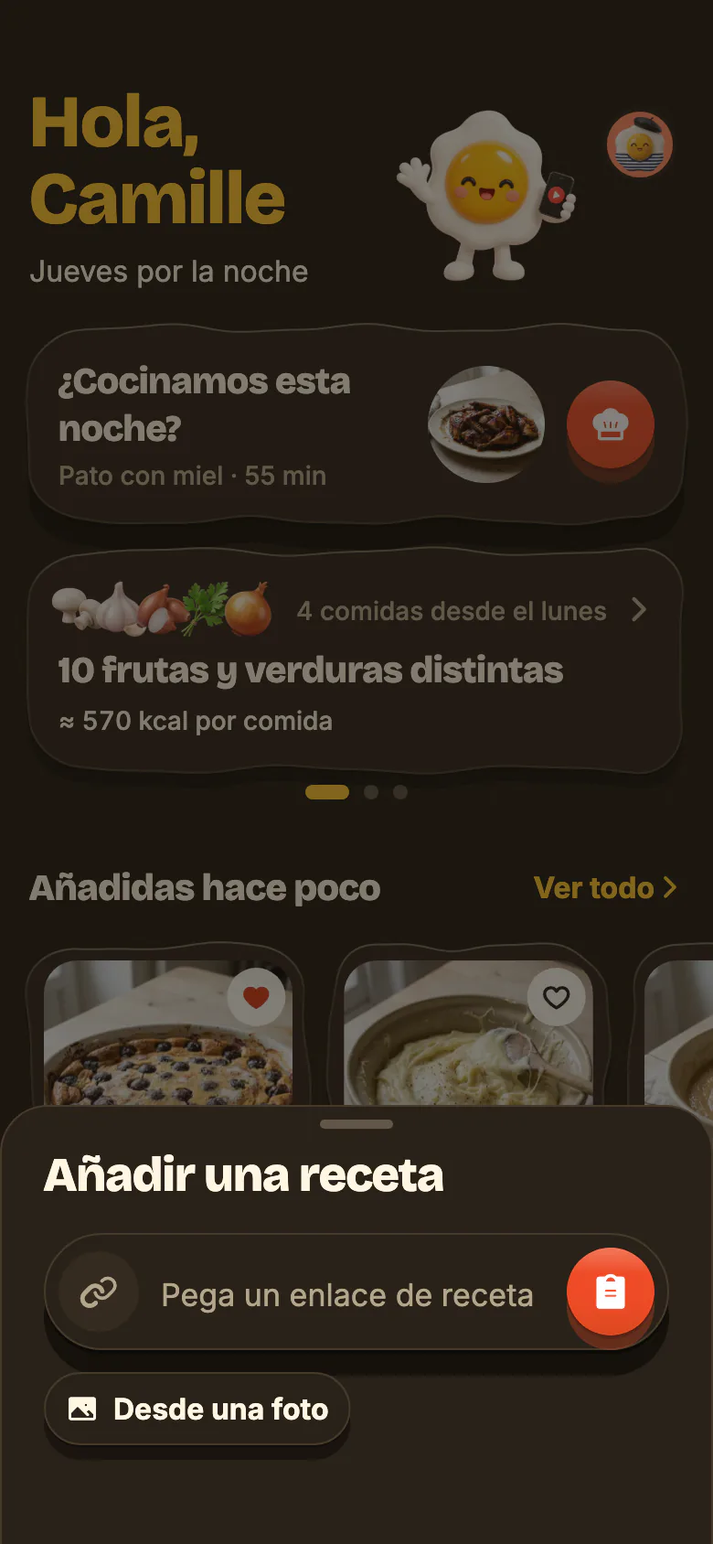 «Añadir una receta», abierto con el + de Yumclip: el campo «Pega un enlace de receta» con su botón de pegar y, debajo, «Desde una foto».
