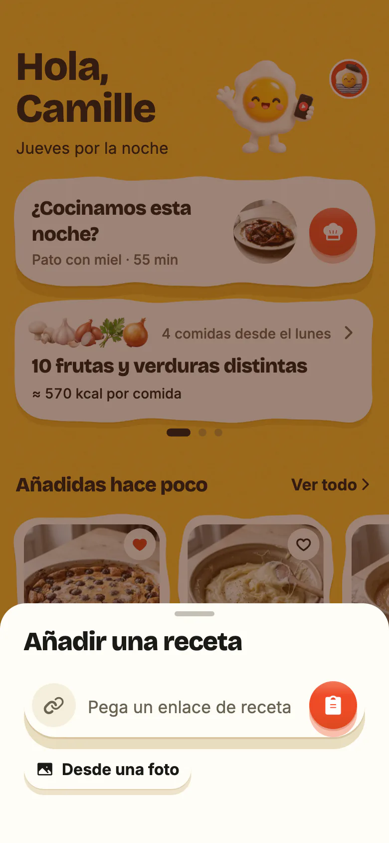 «Añadir una receta», abierto con el + de Yumclip: el campo «Pega un enlace de receta» con su botón de pegar y, debajo, «Desde una foto».