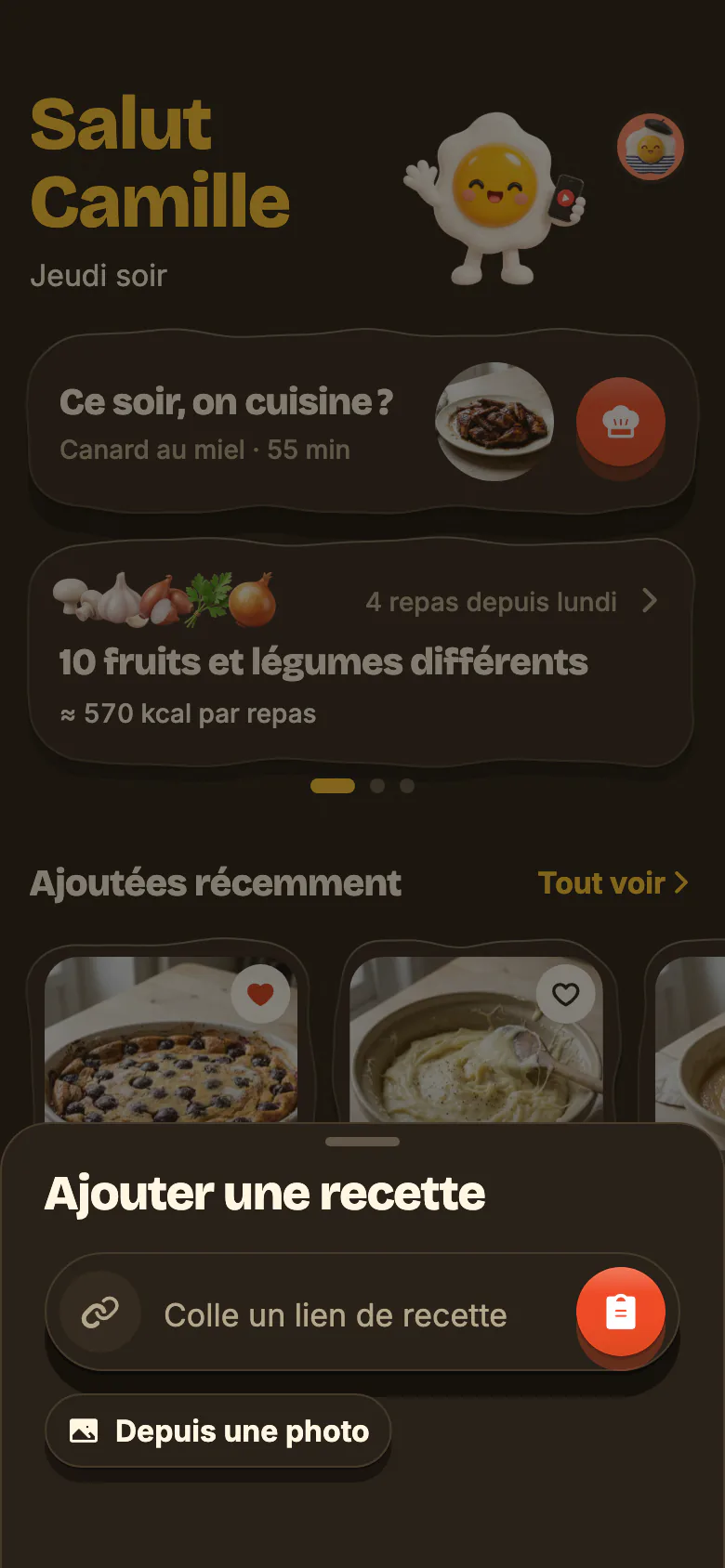 « Ajouter une recette », ouvert par le + de Yumclip : le champ « Colle un lien de recette » et son bouton coller, puis « Depuis une photo ».
