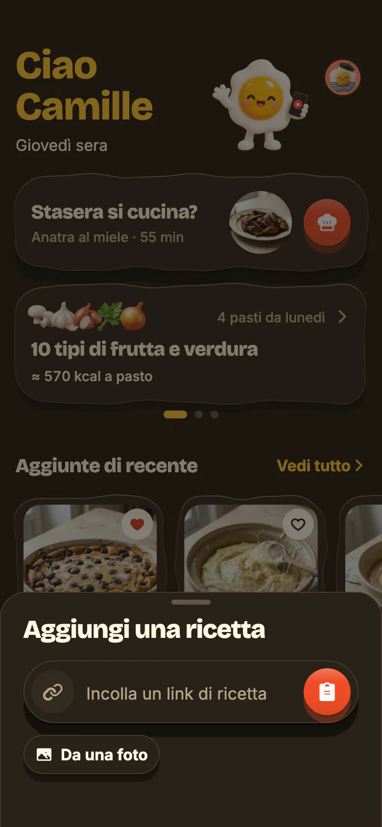 «Aggiungi una ricetta», aperto dal + di Yumclip: il campo «Incolla un link di ricetta» con il suo pulsante incolla, poi «Da una foto».