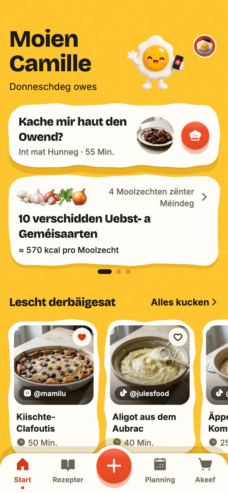 De Startschierm vu Yumclip un engem Owend an der Woch: „Kache mir haut den Owend?“ proposéiert e Rezept, d’Woch zielt hiert Uebst a Geméis, an dorënner sinn déi lescht derbäigesate Rezepter.