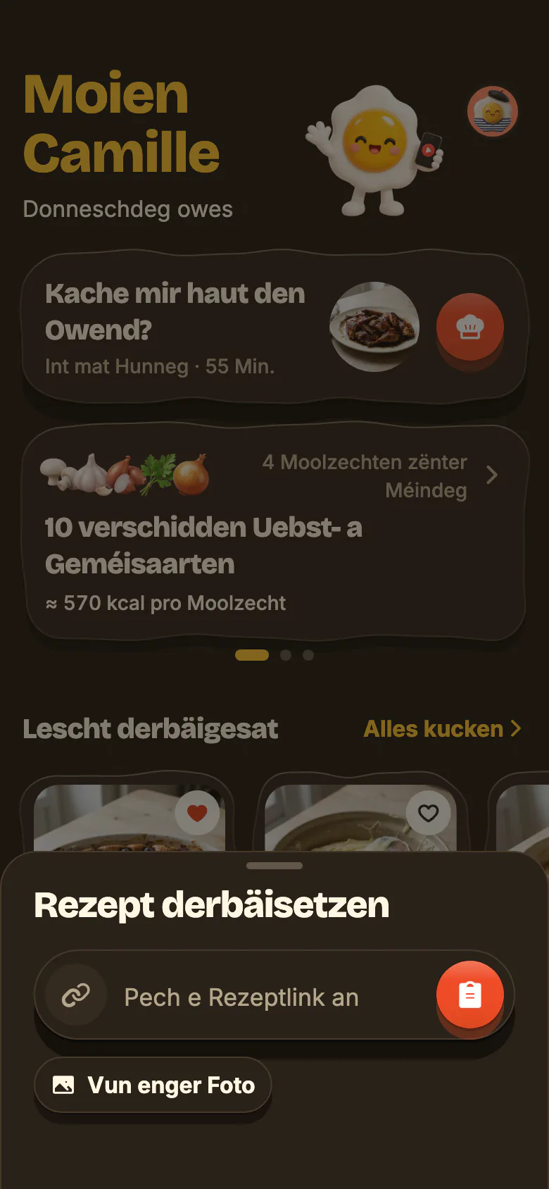 „Rezept derbäisetzen“, opgemaach iwwer de + vu Yumclip: d’Feld „Pech e Rezeptlink an“ mat sengem Knäppchen zum Apechen, an dorënner „Vun enger Foto“.