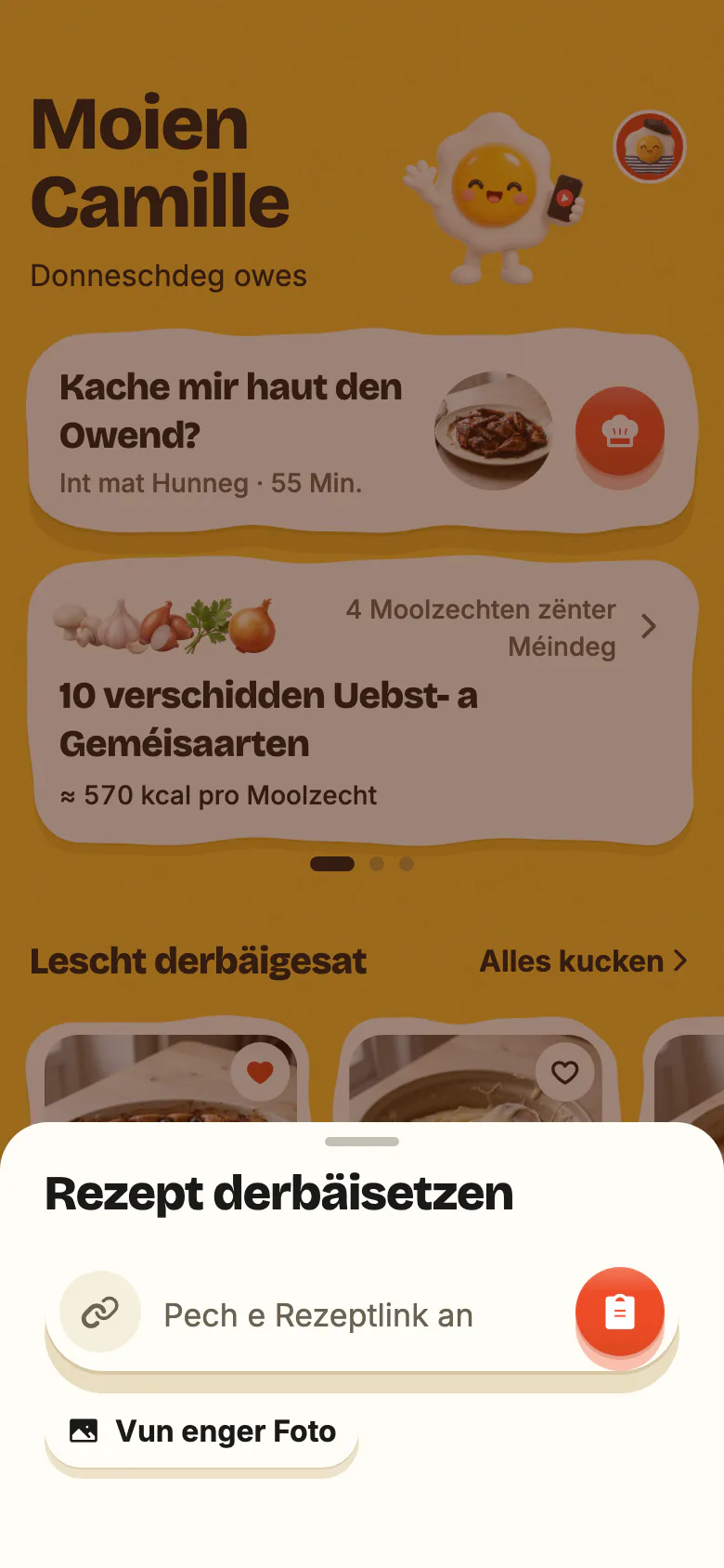 „Rezept derbäisetzen“, opgemaach iwwer de + vu Yumclip: d’Feld „Pech e Rezeptlink an“ mat sengem Knäppchen zum Apechen, an dorënner „Vun enger Foto“.
