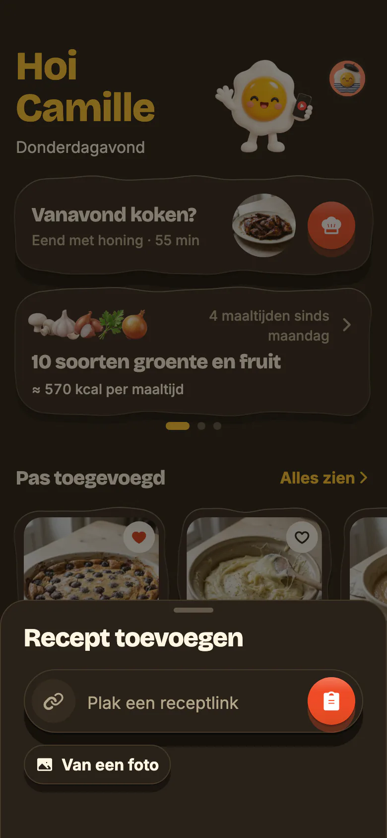 “Recept toevoegen”, geopend met de + van Yumclip: het veld “Plak een receptlink” met de plakknop, daaronder “Van een foto”.