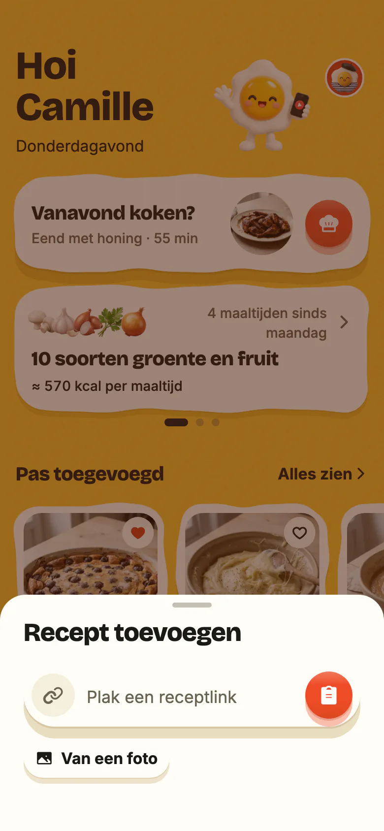 “Recept toevoegen”, geopend met de + van Yumclip: het veld “Plak een receptlink” met de plakknop, daaronder “Van een foto”.