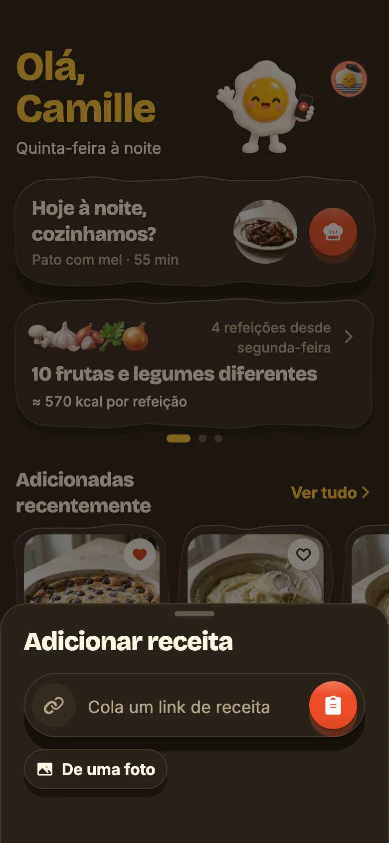 «Adicionar receita», aberto pelo + do Yumclip: o campo «Cola um link de receita» com o botão de colar e, por baixo, «De uma foto».