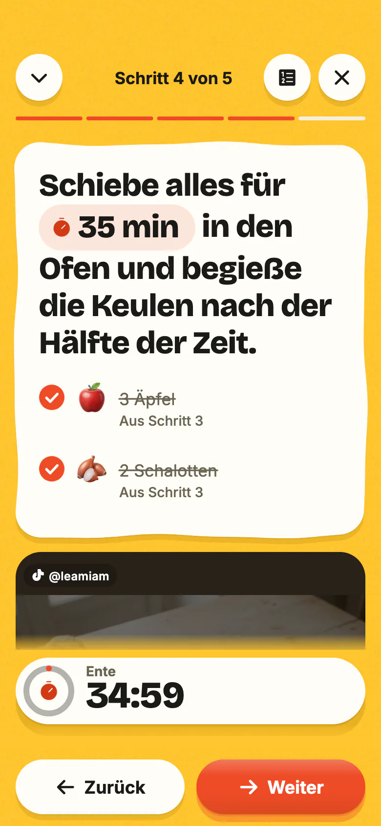 Der Kochmodus von Yumclip am Abend: ein Schritt in großer Schrift, seine Zutaten und der Timer, der startet.