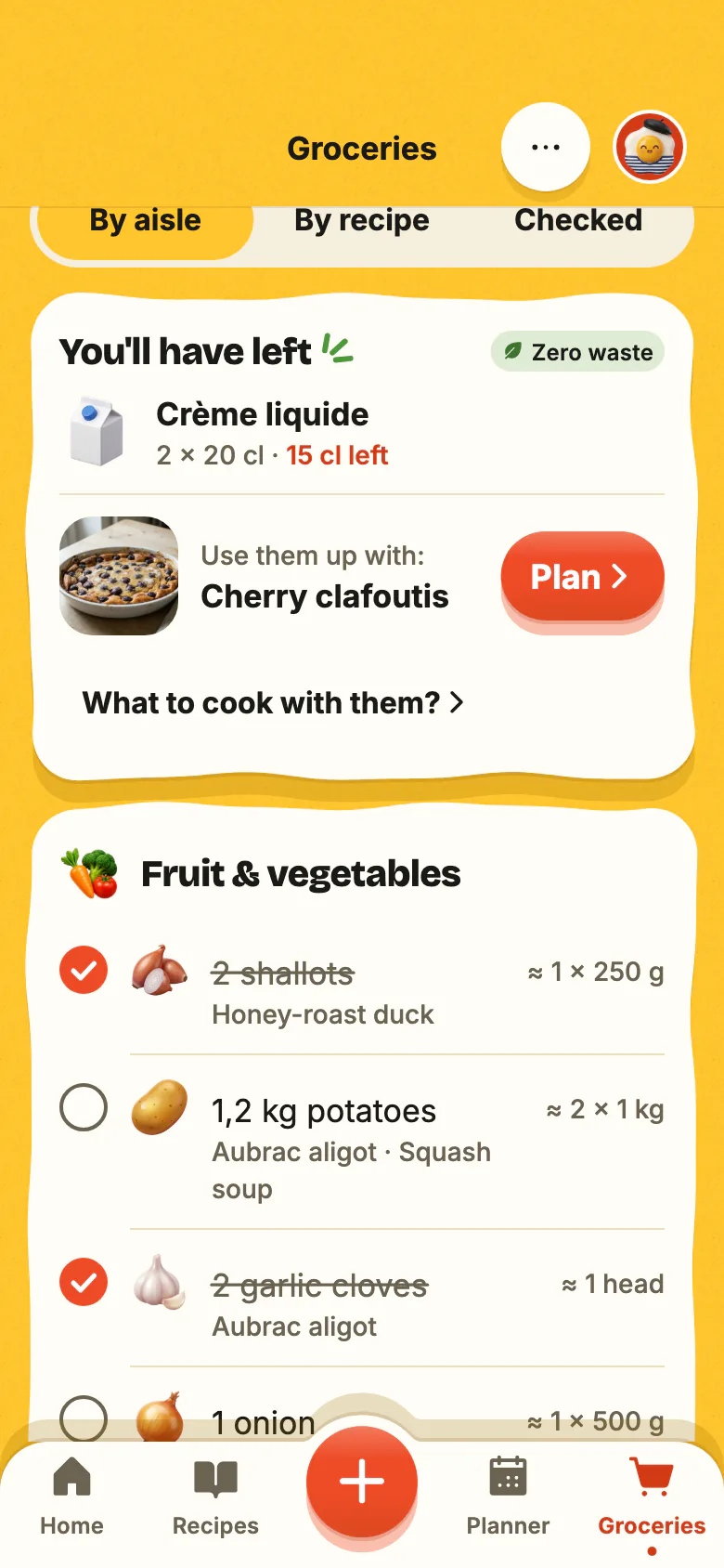 Yumclip’s shopping list, sorted by aisle: items ticked off one by one, then “You’ll have left” and the recipe that uses up the rest.