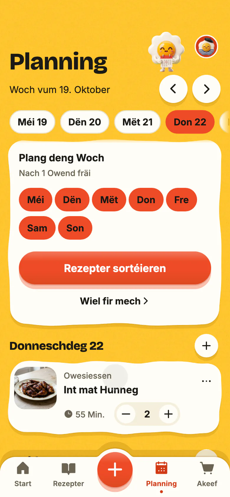 D’Planning vu Yumclip: e Rezept fir haut den Owend, an dann déi aner Owender vun der Woch, déi sech fëllen.