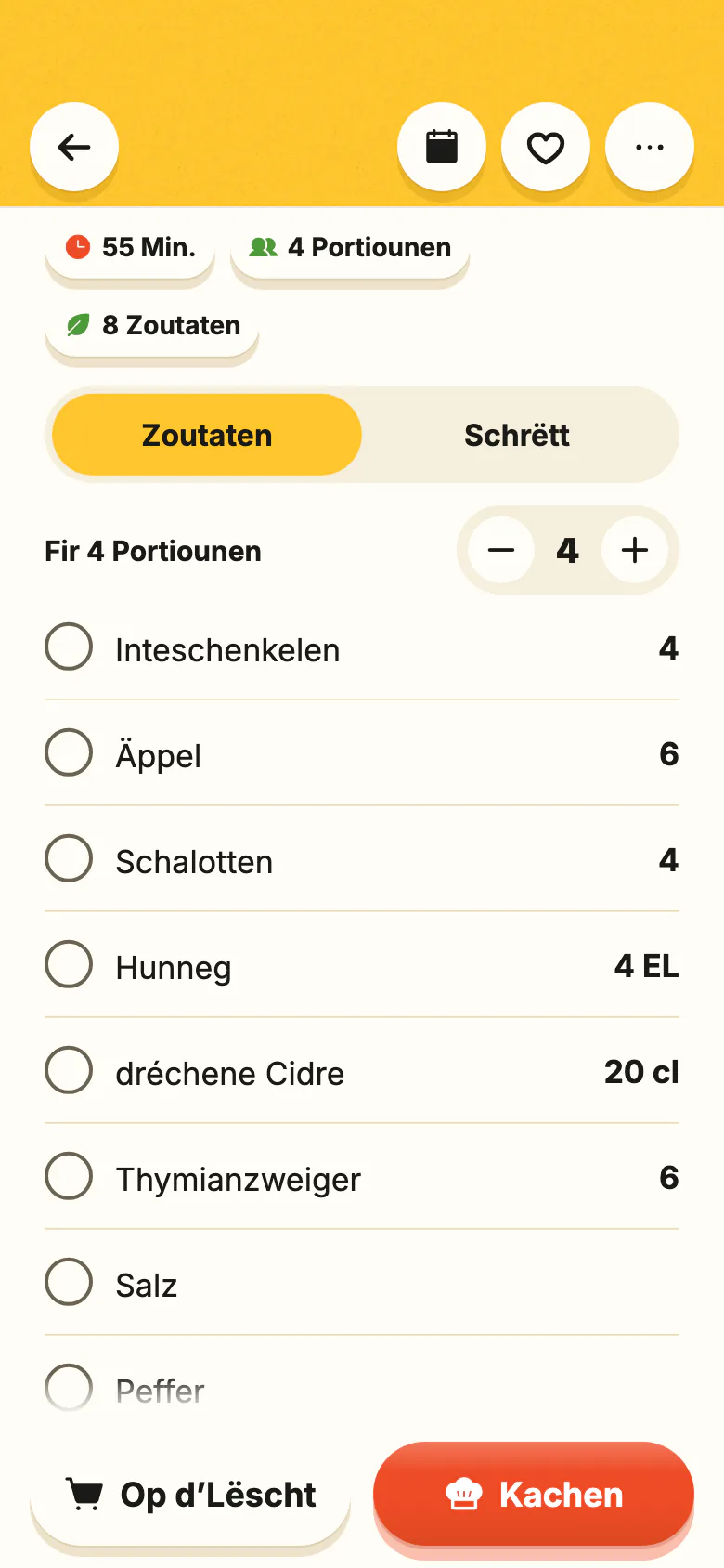 E Rezept a Yumclip: d’Zoutate mat hire Quantitéiten, d’Zuel vun de Portiounen, déi ännert, an dann d’Schrëtt, all eenzel mat sengem Moment am Video verbonnen.