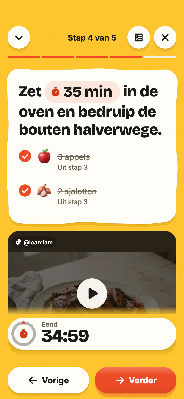 De kookmodus van Yumclip, ’s avonds: een stap in grote letters, de ingrediënten en de timer die start.