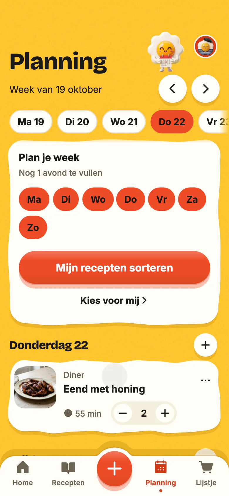 De planning van Yumclip: een recept voor vanavond, dan vullen de andere avonden van de week zich.