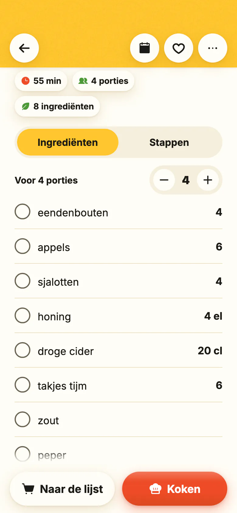 Een recept in Yumclip: de ingrediënten met hun hoeveelheden, het aantal porties dat verandert, dan de stappen, elk gekoppeld aan zijn moment in de video.