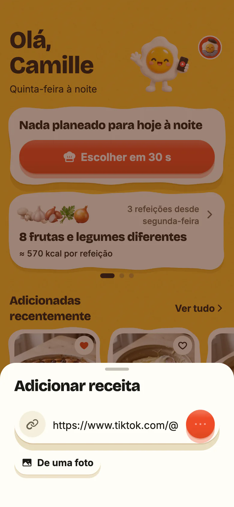 O Início do Yumclip: um link de receita colado no campo, a importação a avançar e a nova receita a chegar.